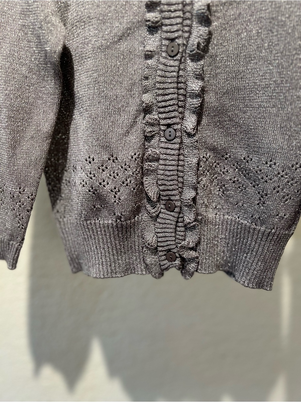 Girls' Metallic Gray Ruffle-Front Cardigan - Picture 3 of 5
